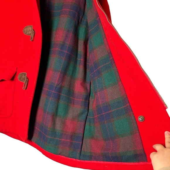 Vintage LL BEAN Wool Duffel Coat Toggle Jacket w/Hood Womens Red with Plaid - Picture 5 of 7